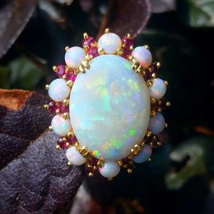 SOLD Estate 18k Opal Ruby Halo Ring